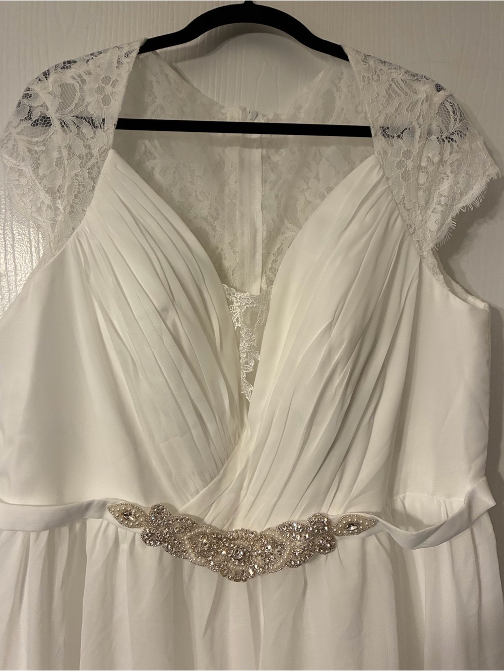 Plus Size 20W Elegant White Lace Cap-Sleeve Chiffon Wedding Gown Beaded Waist